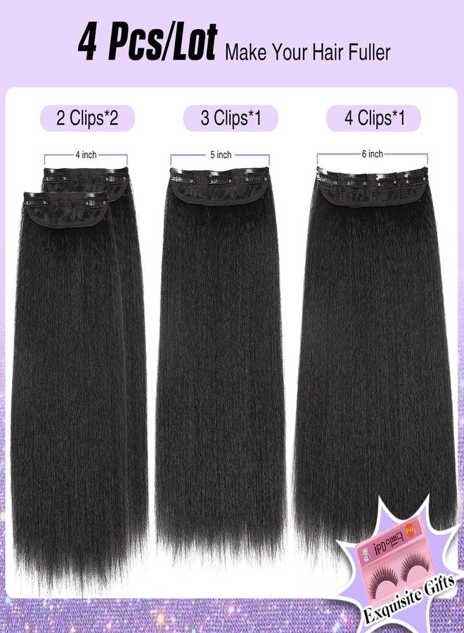 HANNE Kinky Straight Clip ins Hair Extensions Natural Black Full Head Yaki Straight Seamless Clip in Synthetic Hair Pieces for Women (Black, 14 Inch) - Image 2